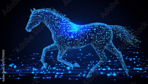 Blue Holographic Horse in Cyberspace, Digital Representation of Technological Advancements
