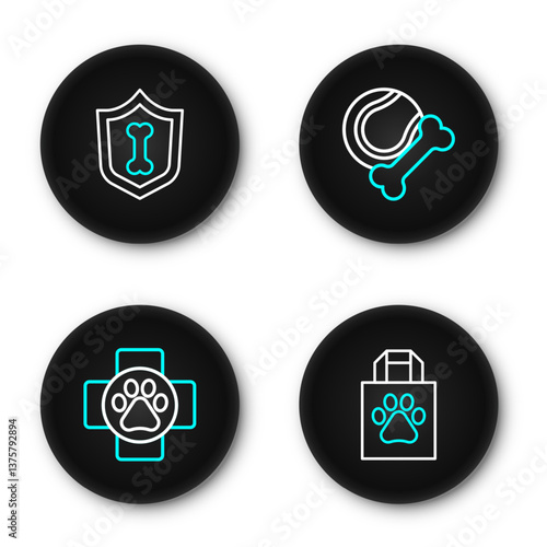 Set line Shopping bag pet, Veterinary clinic, Pet toys bone rubber and ball and Animal health insurance icon. Vector
