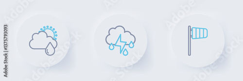 Set line Cone windsock wind vane, Cloud with rain and lightning and sun icon. Vector