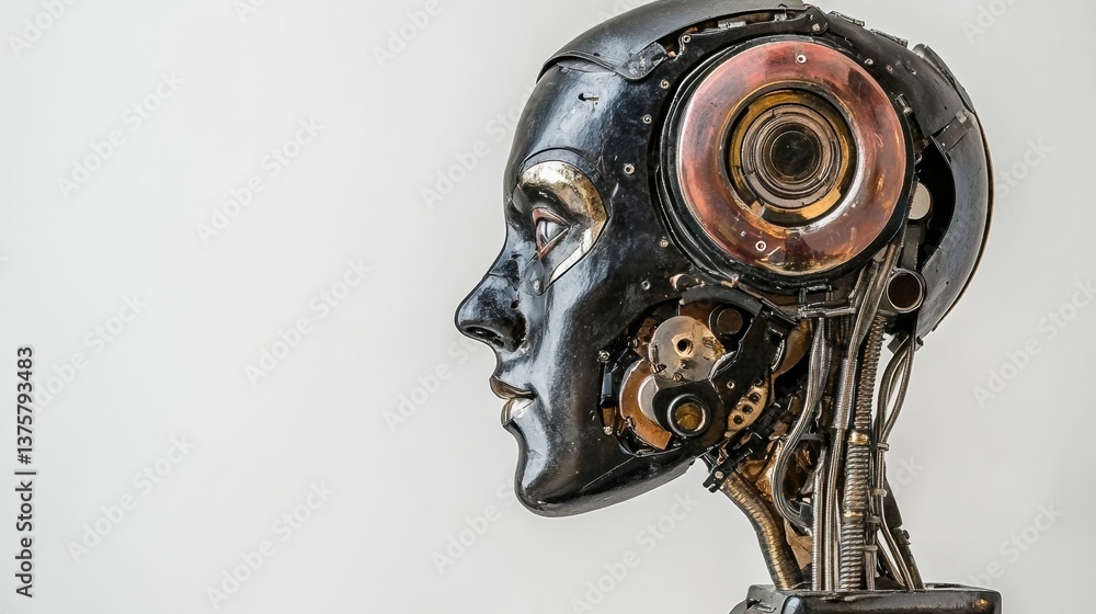 Fototapeta premium Profile of a Dark Grey Metallic Robot Head with Visible Gears and Mechanisms