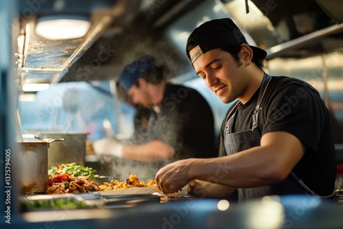 Fototapeta Naklejka Na Ścianę i Meble -  Focused food truck chef preparing gourmet meals with steam in professional food industry setting