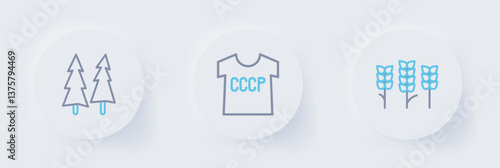 Set line Wheat, USSR t-shirt and Christmas tree icon. Vector