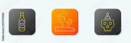 Set line Tabasco sauce, Cactus and Burning candle on skull icon. Vector