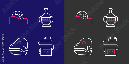 Set line Museum audio guide, Dinosaur skull, Ancient amphorae and Human icon. Vector