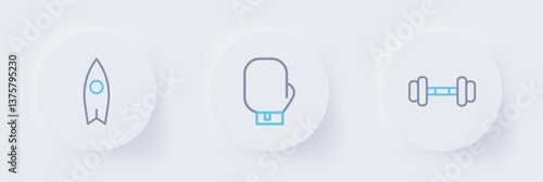 Set line Dumbbell, Boxing glove and Surfboard icon. Vector