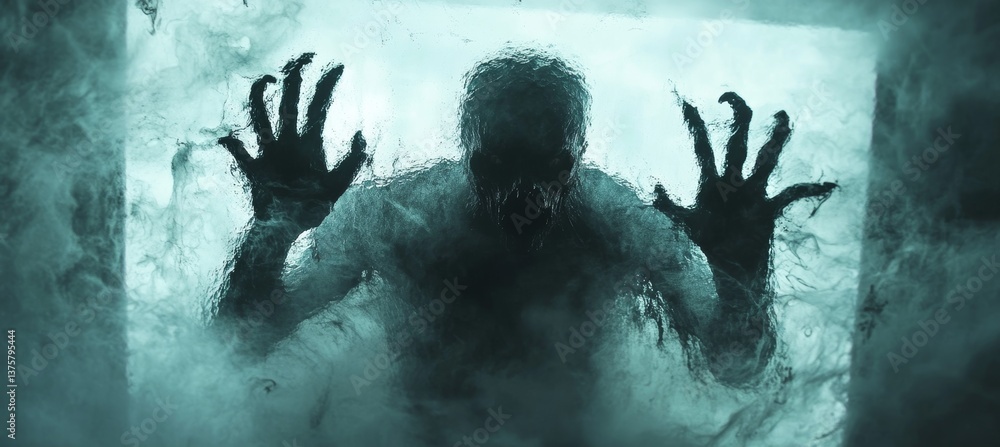 Zombie behind the window. Horror creepy haunted background. Generative AI technology.