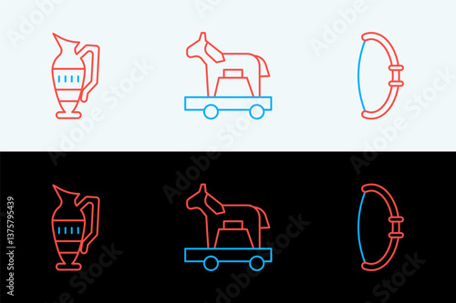Set line Medieval bow, Ancient amphorae and Trojan horse icon. Vector