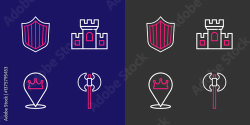 Set line Medieval axe, Location king crown, Castle, fortress and Shield icon. Vector
