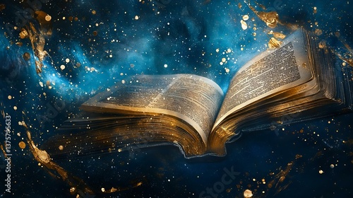 An artistic representation of an open book against a cosmic backdrop, featuring golden accents and a mystical, starry atmosphere.
