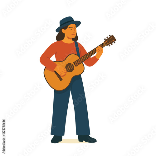 Vector illustration of male and female musicians playing acoustic guitar, wearing hats and casual clothes – artistic characters for music, creativity, or street performance themes