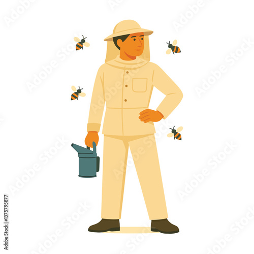 Vector illustration of male and female beekeepers in protective suits holding a smoker, surrounded by bees – perfect for agriculture, farming, and environmental concepts