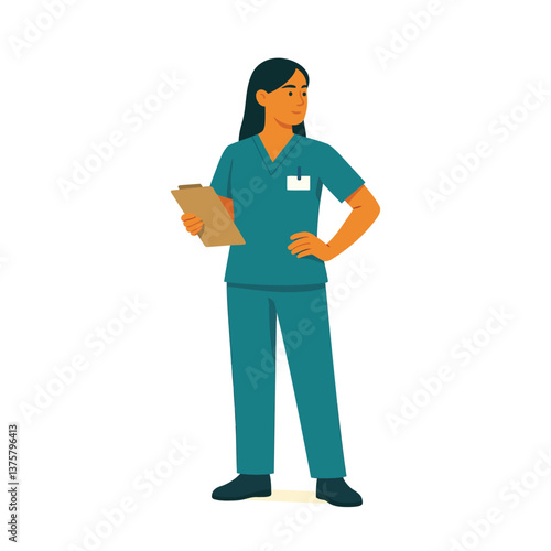 Vector illustration of male and female nurses in scrubs holding clipboard – perfect for healthcare, hospital, and medical profession themes