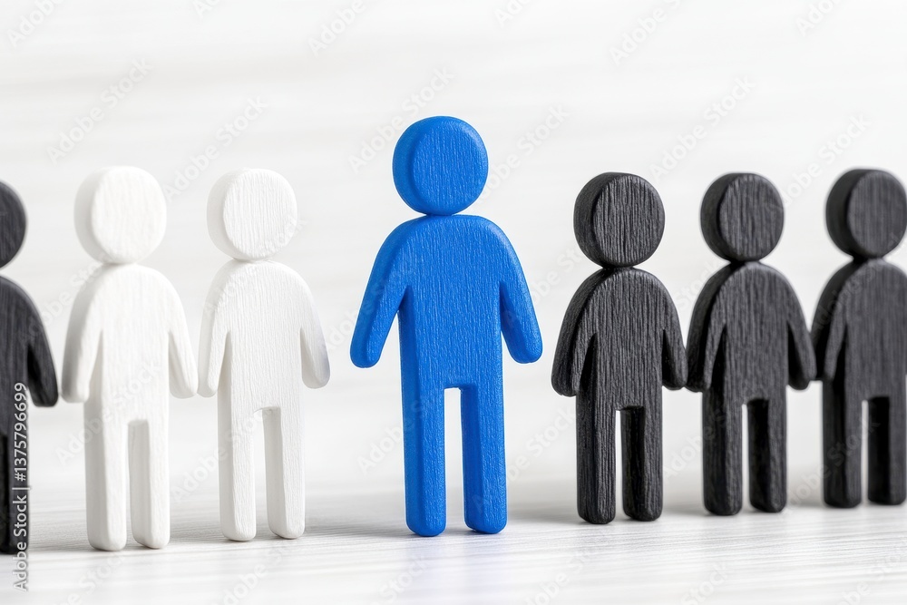 Blue Figure Among Black and White Figures on White Wood Blue Figure Among Black and White Figures on White Wood