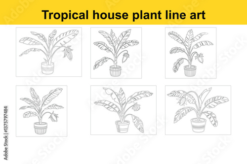 Tropical house plant, large green leaves, banana tree, potted plant, beige ceramic pot, minimalist illustration, vector art style, vibrant green foliage, indoor plant, botanical decor, clean lines
