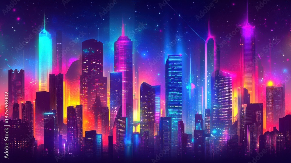 A vibrant, futuristic city skyline illuminated by neon colors against a starry night sky, showcasing modern architecture and a lively atmosphere. A vibrant, futuristic city skyline illuminated by neon colors against a starry night sky, showcasing modern architecture and a lively atmosphere.