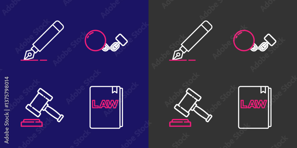 Set line Law book, Judge gavel, Ball on chain and Fountain pen nib icon. Vector Set line Law book, Judge gavel, Ball on chain and Fountain pen nib icon. Vector