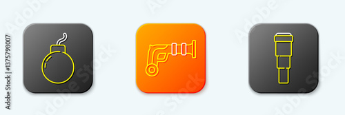 Set line Bomb ready to explode, Vintage pistols and Spyglass telescope lens icon. Vector