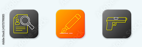 Set line Paper analysis magnifying, Fountain pen nib and Pistol or gun icon. Vector