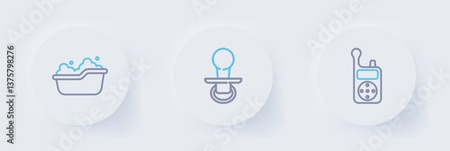 Set line Baby Monitor Walkie Talkie, dummy pacifier and bathtub icon. Vector