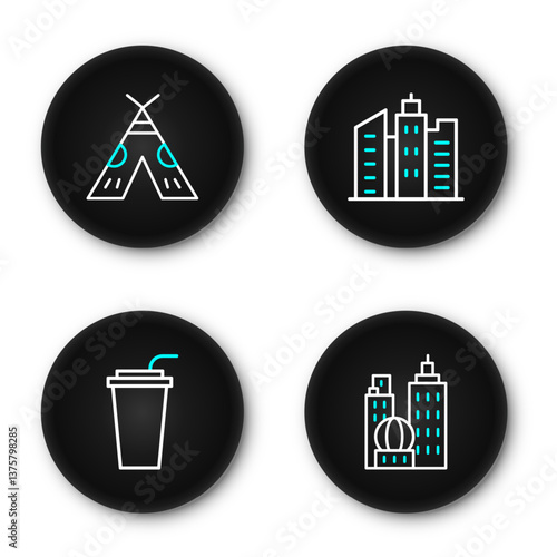 Set line City landscape, Paper glass with straw, and Indian teepee or wigwam icon. Vector