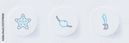 Set line Pirate sword, eye patch and Starfish icon. Vector
