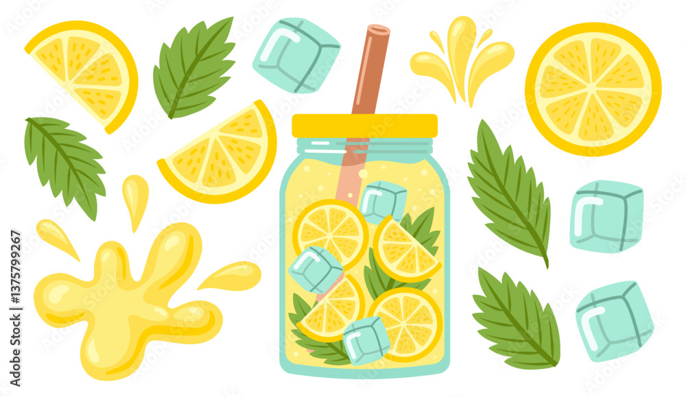 Fototapeta premium Lemonade set. Fresh juicy lemon drinks in jar and fruits. Tropic summer mint cocktails. Hand drawn vector illustration isolated on white background