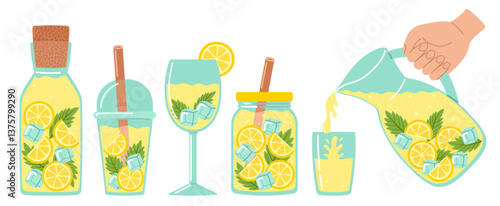 Lemonade set. Fresh juicy lemon drinks in glass, jar or jug, yellow juice and straw, ice cube, mint leaf. Tropic summer cocktails. Hand drawn vector illustration isolated on white background
