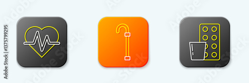 Set line Heart rate, Walking stick cane and Pills blister pack icon. Vector