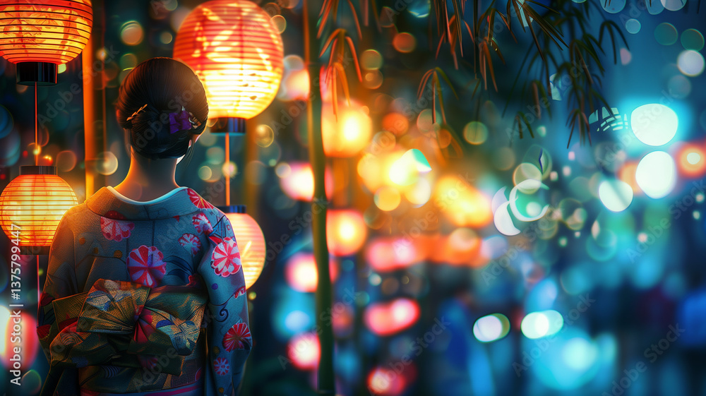 Fototapeta premium Japanese street decorated with bamboo branches with colourful tanzaki
