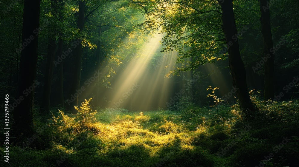 Obraz premium Sunlight streams through forest canopy, illuminating mossy clearing