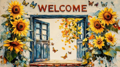 A vibrant illustration featuring an open window adorned with sunflowers and butterflies, inviting warmth and cheerfulness with a 