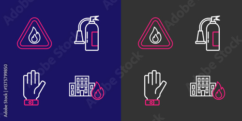 Set line Fire in burning buildings, Firefighter gloves, extinguisher and flame triangle icon. Vector