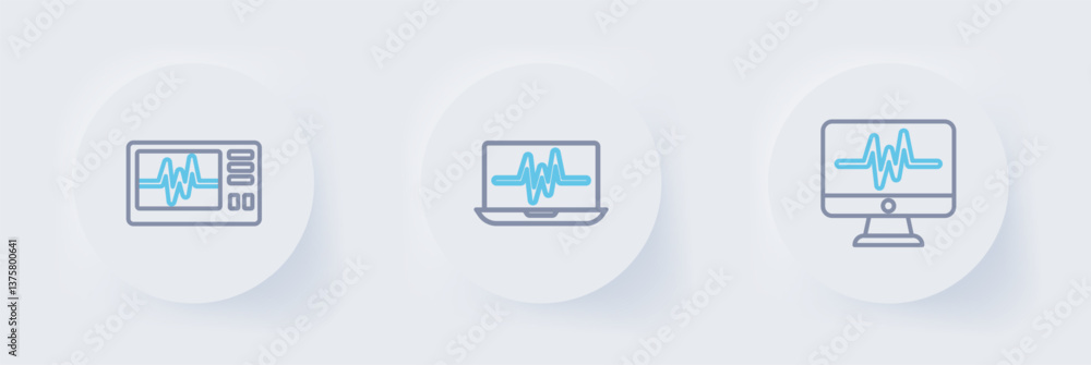 Set line Monitor with cardiogram, Laptop and icon. Vector Set line Monitor with cardiogram, Laptop and icon. Vector