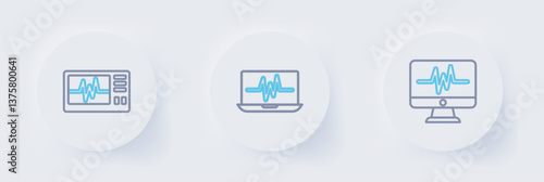 Set line Monitor with cardiogram, Laptop and icon. Vector