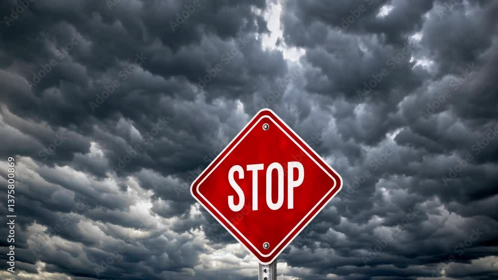 Dramatic storm clouds looming over red stop sign creating a powerful warning scene Dramatic storm clouds looming over red stop sign creating a powerful warning scene