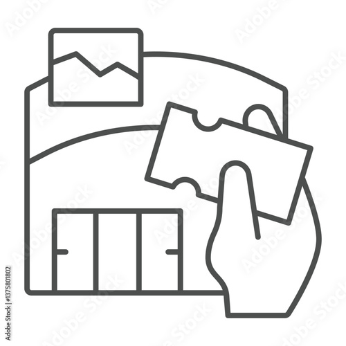 Exhibition center and hand with ticket thin line icon, exhibition concept. Vector graphics. Building, presentation hangar sign on white background, outline style icon for mobile or web design.