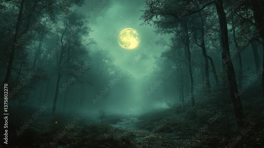 Fototapeta premium Moonlit misty forest path at night, lone figure, background fireflies