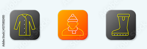 Set line Raincoat, Autumn clothes and Waterproof rubber boot icon. Vector