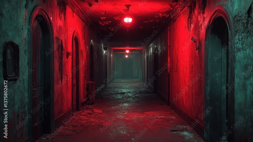Fototapeta premium Abandoned hospital hallway lit by eerie red light