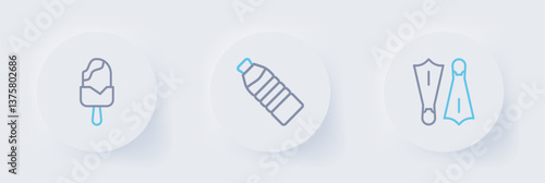 Set line Rubber flippers for swimming, Bottle of water and Ice cream icon. Vector