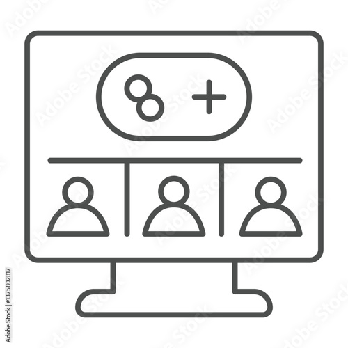 Monitor screen with users and joystick thin line icon, neural dataset concept. Vector graphics. Display and multiplayer game sign on white background, outline style icon for mobile or web design.