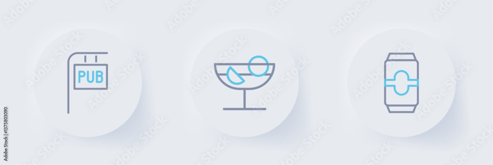 Set line Beer can, Cocktail and Street signboard with Pub icon. Vector Set line Beer can, Cocktail and Street signboard with Pub icon. Vector