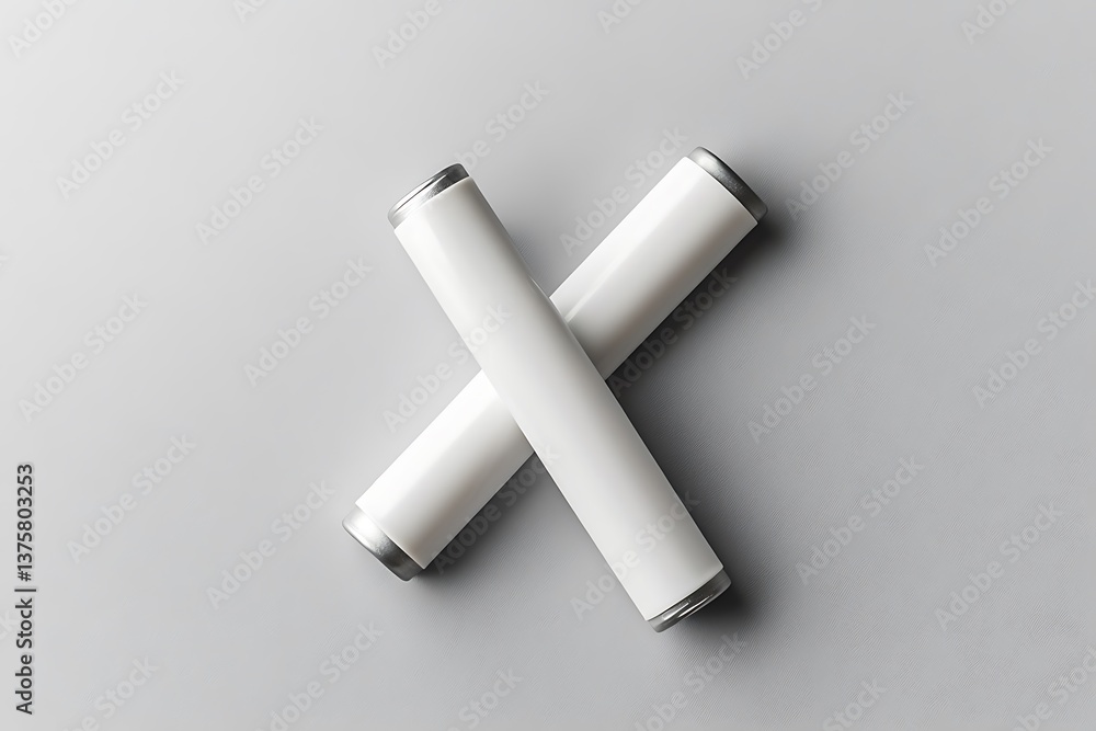 Minimalist Style Two White Cylinders Intersecting on a Flat Gray Surface Design Element