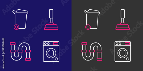 Set line Washer, Industry metallic pipe, Rubber plunger and Trash can icon. Vector