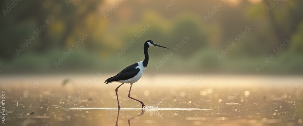 Elegant Pied Stilt Wading Through Shallow Water at Dawn