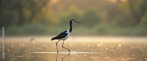 Obraz na płótnie Elegant Pied Stilt Wading Through Shallow Water at Dawn w salonie