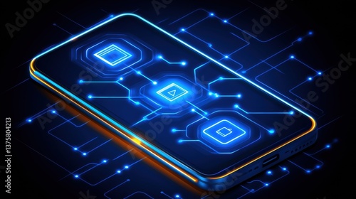 Glowing Blue Smartphone Circuitry on Dark Background