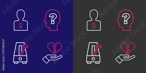 Set line Broken heart or divorce, Metronome with pendulum, Head question mark and Solution to the problem icon. Vector
