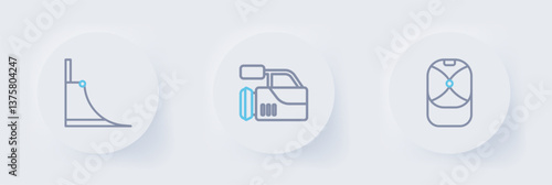 Set line Baseball cap, Cinema camera and Skate park icon. Vector