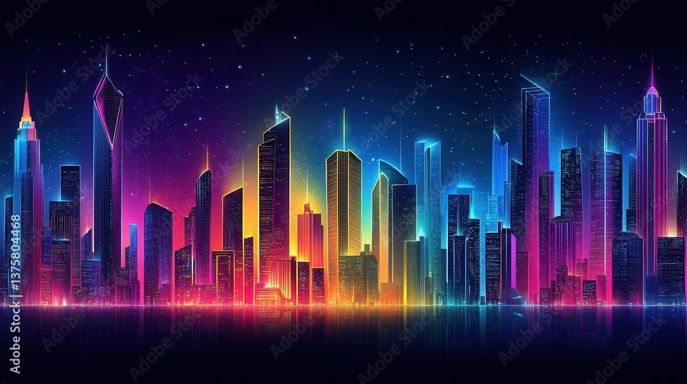 A vibrant, neon-lit city skyline at night, showcasing a futuristic urban landscape filled with colorful skyscrapers against a starry backdrop. A vibrant, neon-lit city skyline at night, showcasing a futuristic urban landscape filled with colorful skyscrapers against a starry backdrop.
